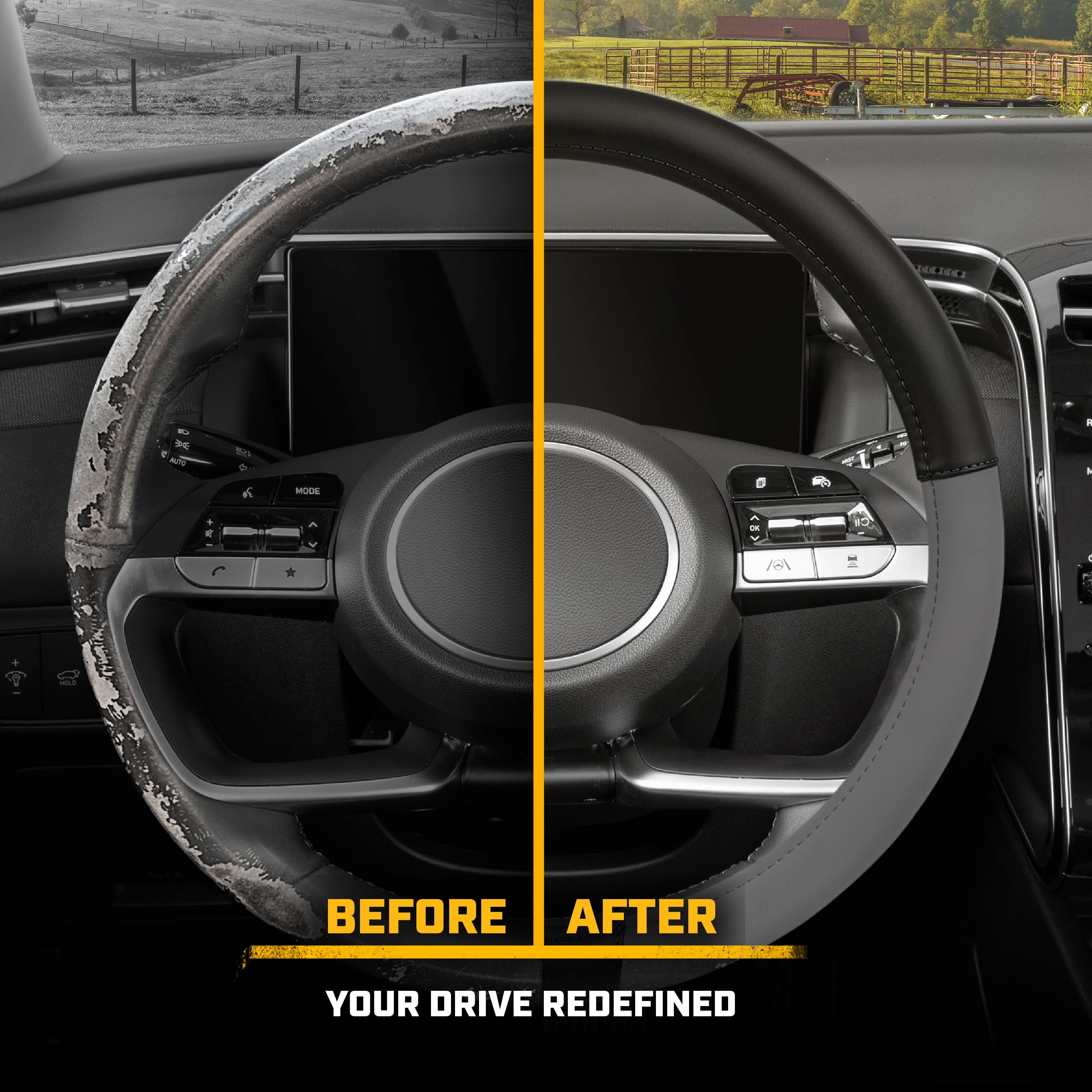 CATERPILLAR Two Tone Ergonomic Soft Leather Grip Steering Wheel Cover - Strong, Durable and Comfortable Universal Size 14.5-15.5" (Dark Gray / Black)