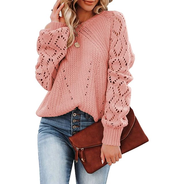 LinYooLi Women Fashion Sweater Pullover Winter Ribbed Knit Long Sleeve Hollow Out Sweaters Casual Loose Tops