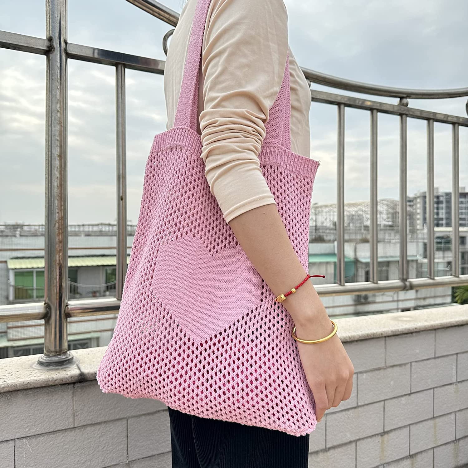 Women's Y2k Accessories Heart Pattern Tote Bag Crochet Hobo Bag Downtown  Girl Aesthetic Stuff Cottagecore Beach Bag