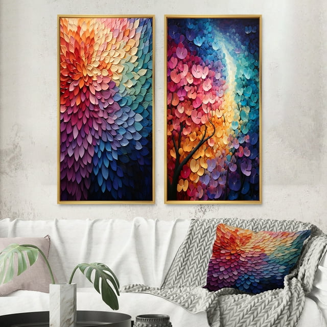 Designart "Harmony in the Colorful Forest II" Pointillism Framed Wall Art Set Of 2 - Multi-Color Abstract Framed Canvas Set For Living Room Decor