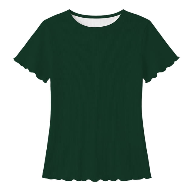 Girls Ribbed Knit Crew Neck Short Sleeve T Shirts Kids Casual Scallop Edge Solid Tees Tops