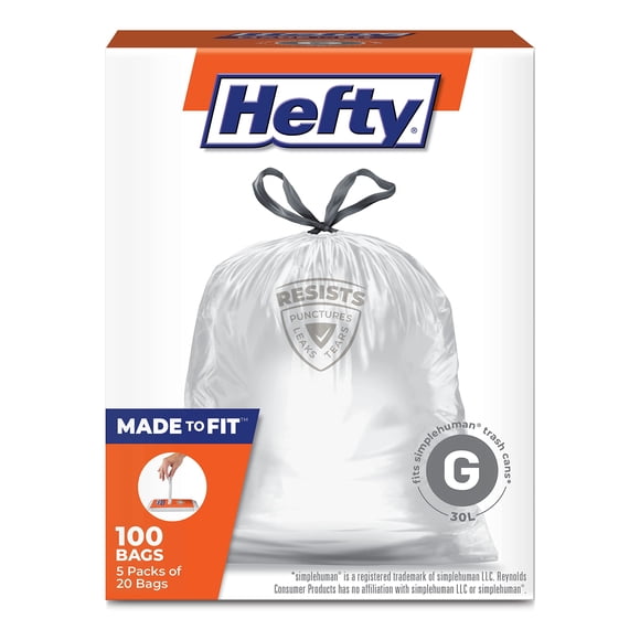 Hefty Made to Fit Trash Bags, Fits simplehuman Size G (8 Gallons), 100 Count (5 Pouches of 20 Bags Each)