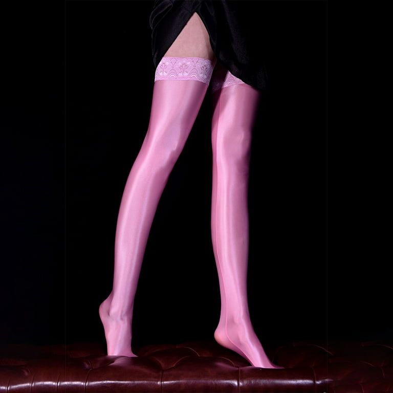 YIWEI Ladies Ultra-Thin Oil Shiny Glossy Sheer Lace Top Thigh High