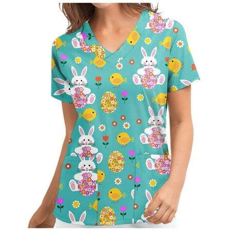 

Cakiesky Scrub Uniforms for Women Cartoon Pattern V-Neck St Patricks Day Shirt Blue L