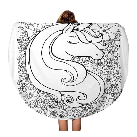SIDONKU 60 inch Round Beach Towel Blanket Unicorn Flower Floral Pattern Magical Black and White Travel Circle Circular Towels Mat Tapestry Beach Throw