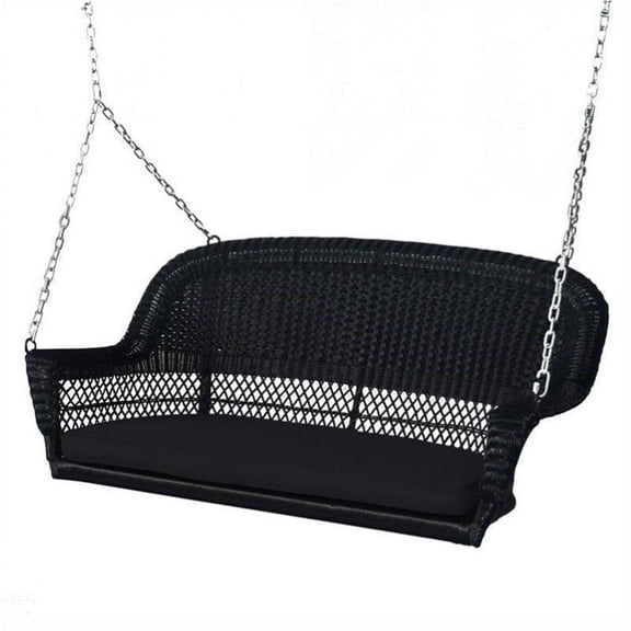 Pemberly Row Wicker Porch Swing in Black with Black Cushion