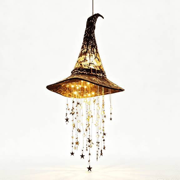 Lighted Witch Hat Hanging Chime, LED Warm Light Cascading Star Tassel Witch Hat Lamp, Halloween Decor for Indoor Outdoor Party Ambience Decoration & Holiday Gift
