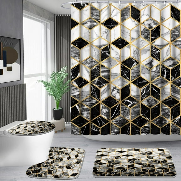 4-Piece Modern Geometric Shower Curtain Sets - Waterproof 72" x 72" with 3 Non-Slip Mats & 12 Hooks - Stylish Bathroom Decor