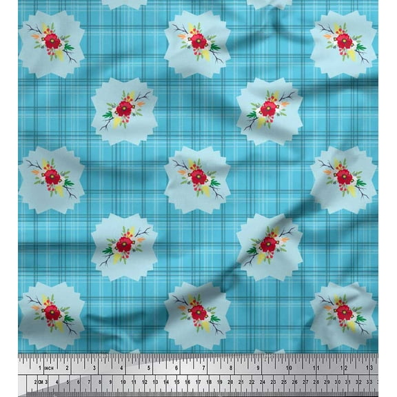 Soimoi Cotton Duck Fabric Check & Floral Artistic Print Fabric by the Yard 42 Inch Wide