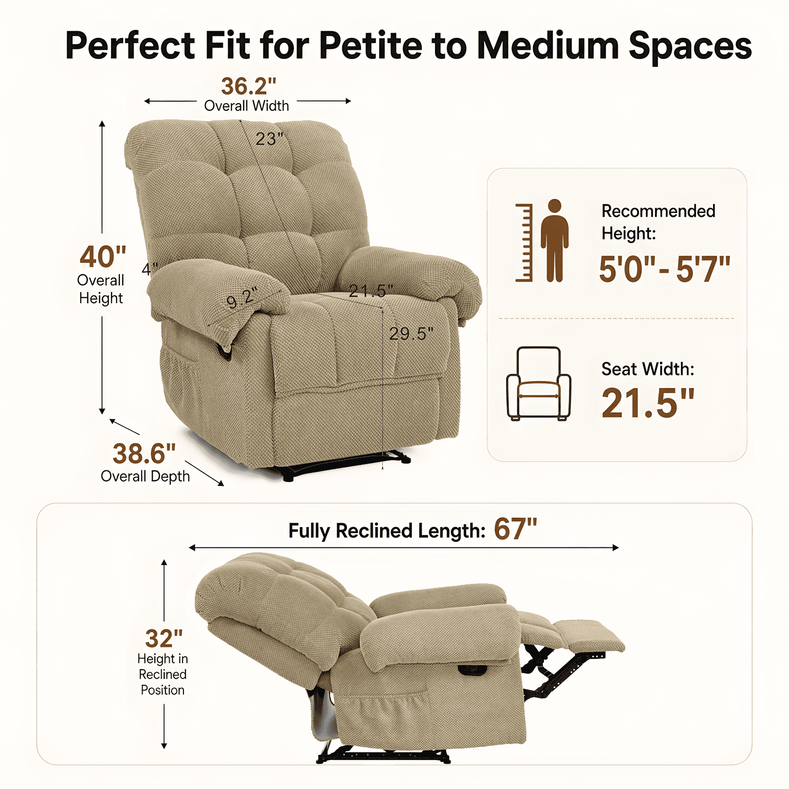 36'' W Camel Comfy Manual Rocking Recliner Chair, Ergonomic Pain Relief w/Pockets, Reading Napping Small Apt Bedroom Living Room, Gift for Mom Dad