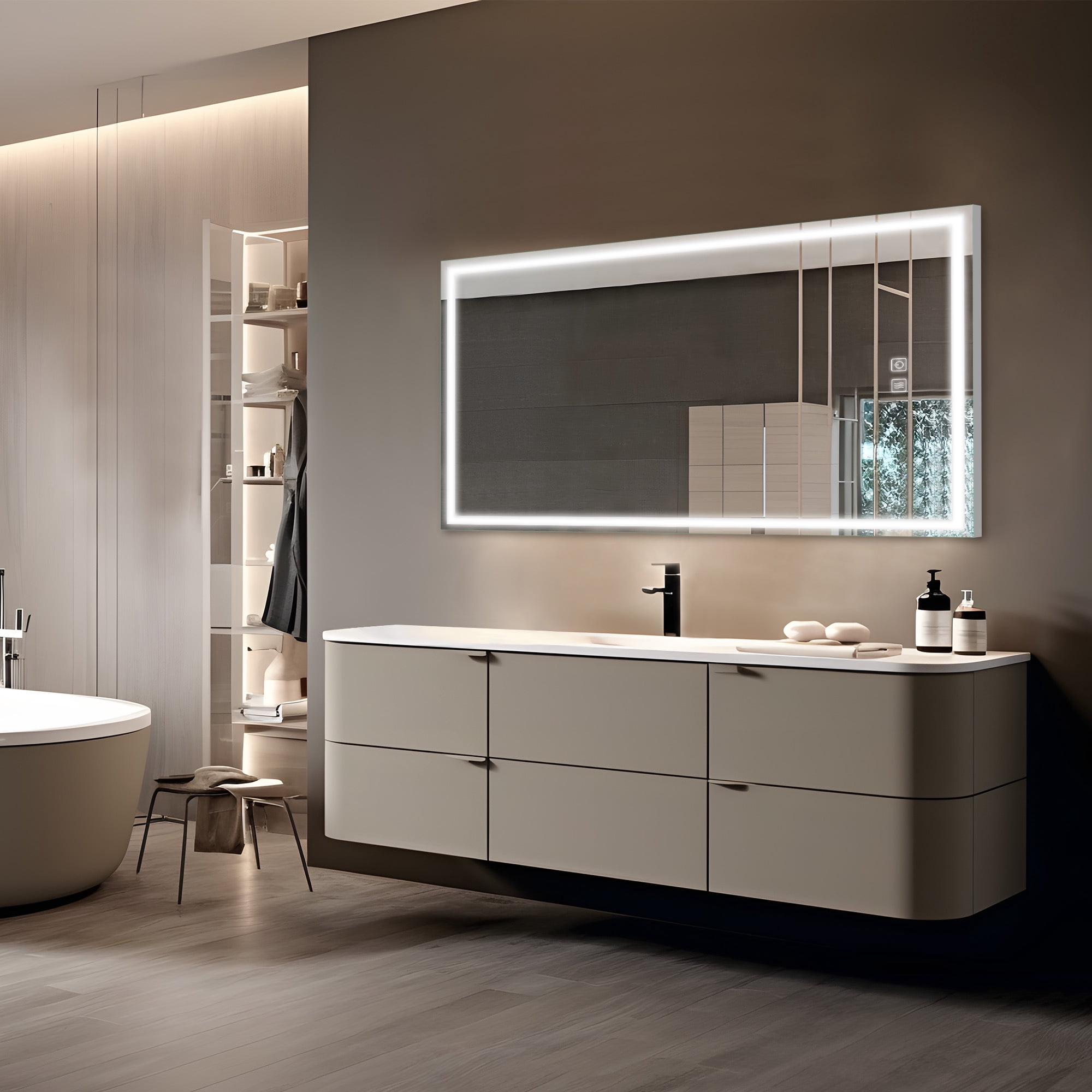 59"x35" LED Lighted Right Angle Wall Mounted Bathroom Mirror Modern Rectrangle Vanity Mirror with Anti-Fog,Silver