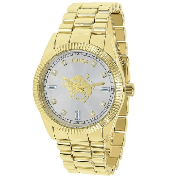 Mens 18K Gold Finish Taurus Bull Zodiac Sign Astrology Metal Band Custom Watch