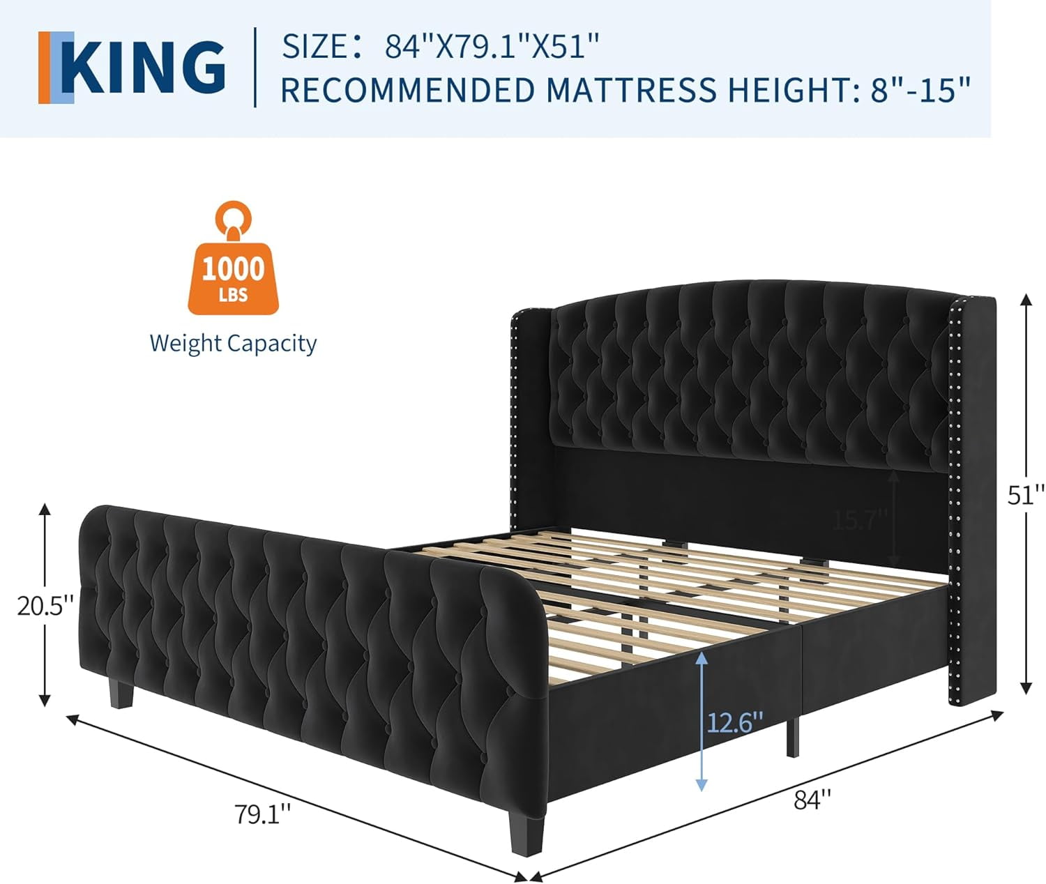 King Size Bed Frame with 51'' Tall Wingback Headboard, Velvet Upholstered Platform Bed Frames with Strong Wood Slats Support, Noise Free, No Box Spring Needed, Easy Assembly, Black