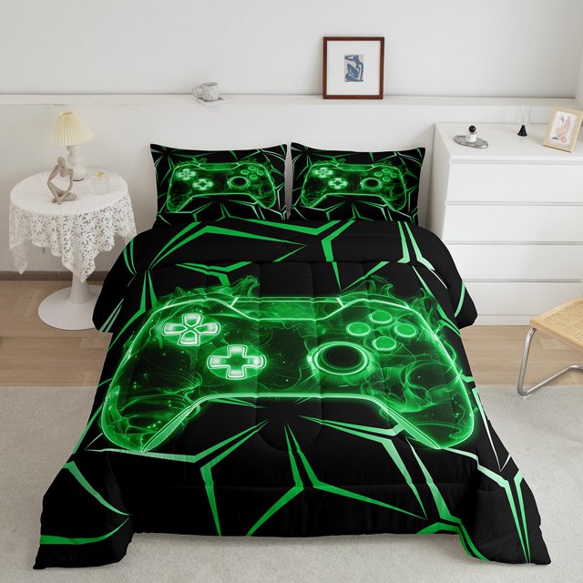 Erosebridal Striped Abstract Bedding Queen Comforter Set, Futuristic Gamepad Down Comforter, Gamer Sport Decor, Lightweight