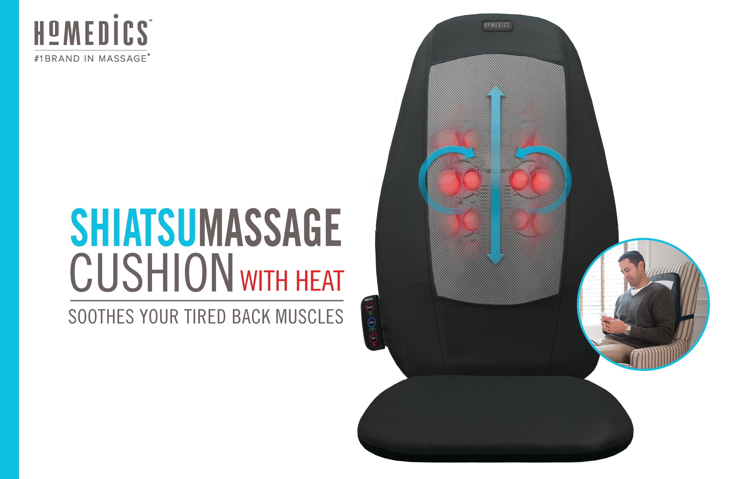 HoMedics Shiatsu Massage Cushion with Heat, SBM-115H-2, 3 Massage Zones,  black/grey 