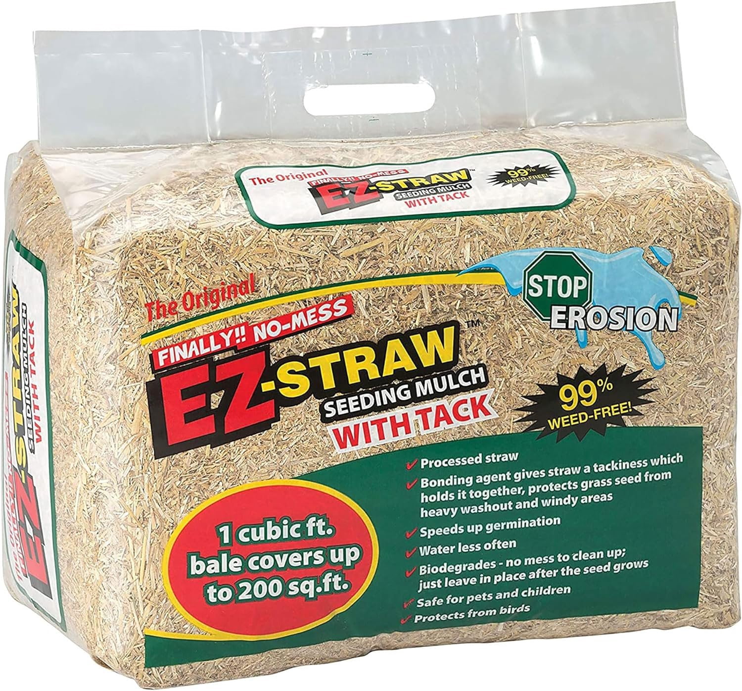 Rhino Seed EZ Straw 1 Cubic Foot Seeding Mulch Premium Processed Straw Bale with Tackifier and 200 Square Feet of Coverage 4 Pack
