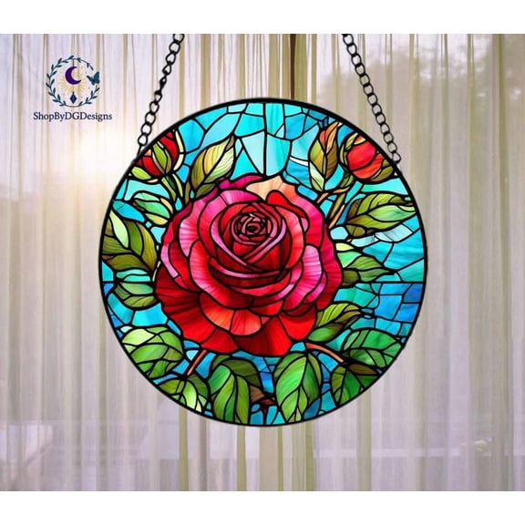 Red Rose Stained Glass Suncatcher – Handcrafted Vibrant Rose Window Art, Flower Design for Home Décor, Romantic Rose Window Hanging 1887281906