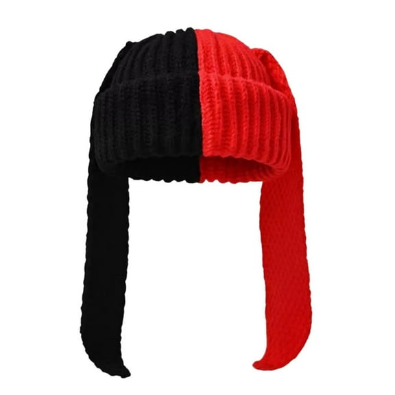 Waroomhouse Winter Knitted Hat Long Bunny Ear Decor Contrast Color Unisex Thick Warm High Elasticity Windproof Headwear Cold Weather Cap for Skiing And Snowboarding