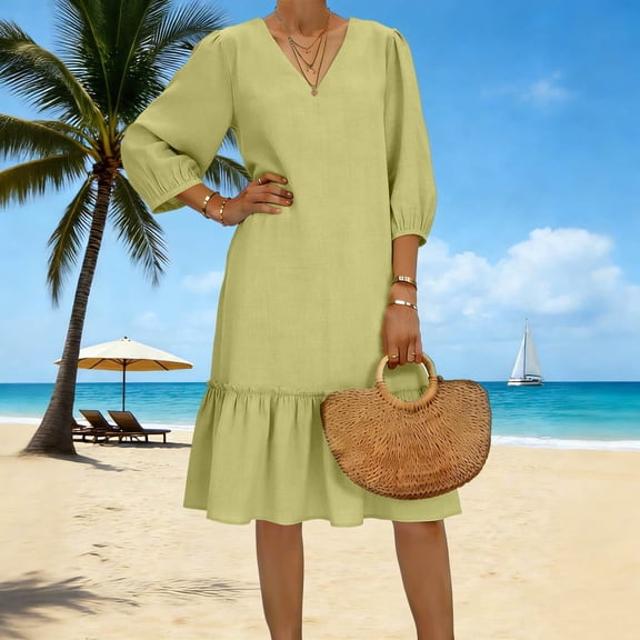 Vibrex Summer Dresses for Women Women's Fashion Solid Color Loose V-neck Linen Dress Flowy Casual Maxi Dresses 01-Green_S