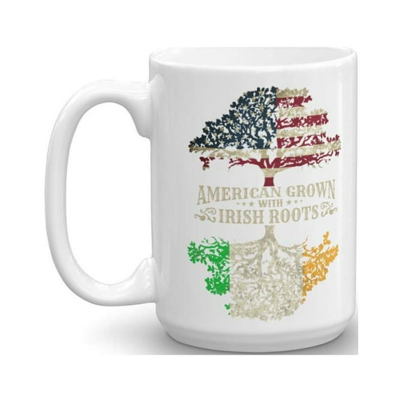 American Grown With Irish Roots Flag Of America & Ireland Tree Art Coffee & Tea Gift Mug, Décor, Kitchen Table Accessories, St. Patrick's Day Gifts, Party Decorations & Items For Men & Women (15oz)