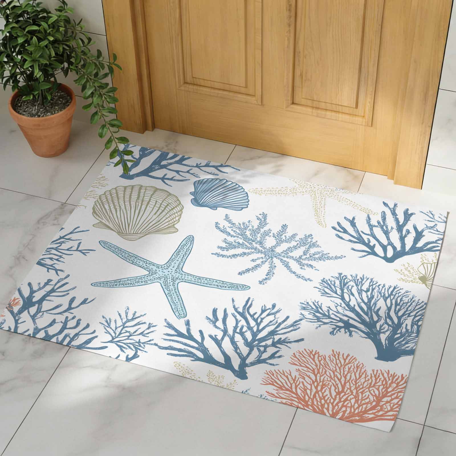 Coral Coastal Indoor Door Mat - 16"x24", Non-Slip Welcome Mat for Outdoor, Summer Beach Starfish Nautical Shell Front Doormat for Entry, Low-Profile Doormat Entrance Rug for Kitchen/Bathroom