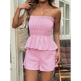 thumbnail image 6 of Women'S 2 Piece Striped Shirred Ruffle Strapless Bandeau Tops and Shorts Set Pink M, 6 of 8