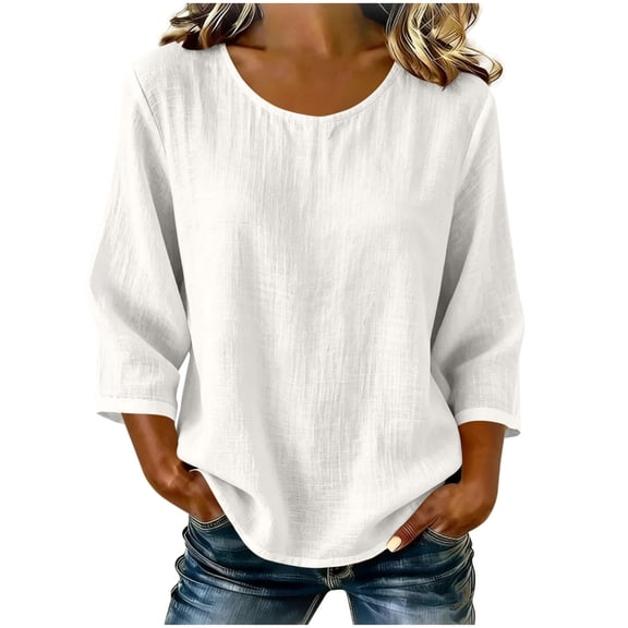 Diufon Womens Crinkle Gauze Blouse 3/4 Sleeve Round Neck Casual Loose Tops Solid Color Summer Tunic Shirts