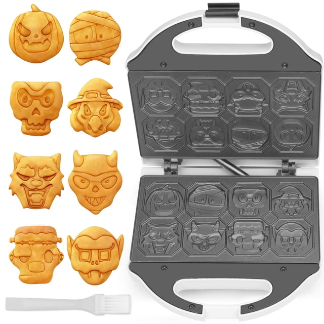 SugarWhisk - Máquina para gofres de personajes para Halloween, 8 diseños espeluznantes diferentes, plancha de gofres eléctrica con cara de lobo de calabaza, momia, fan