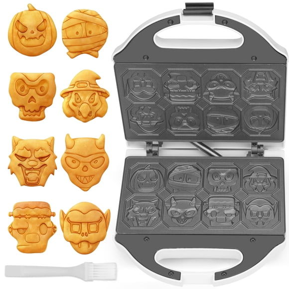 SugarWhisk - Máquina para gofres de personajes para Halloween, 8 diseños espeluznantes diferentes, plancha de gofres eléctrica con cara de lobo de calabaza, momia, fan