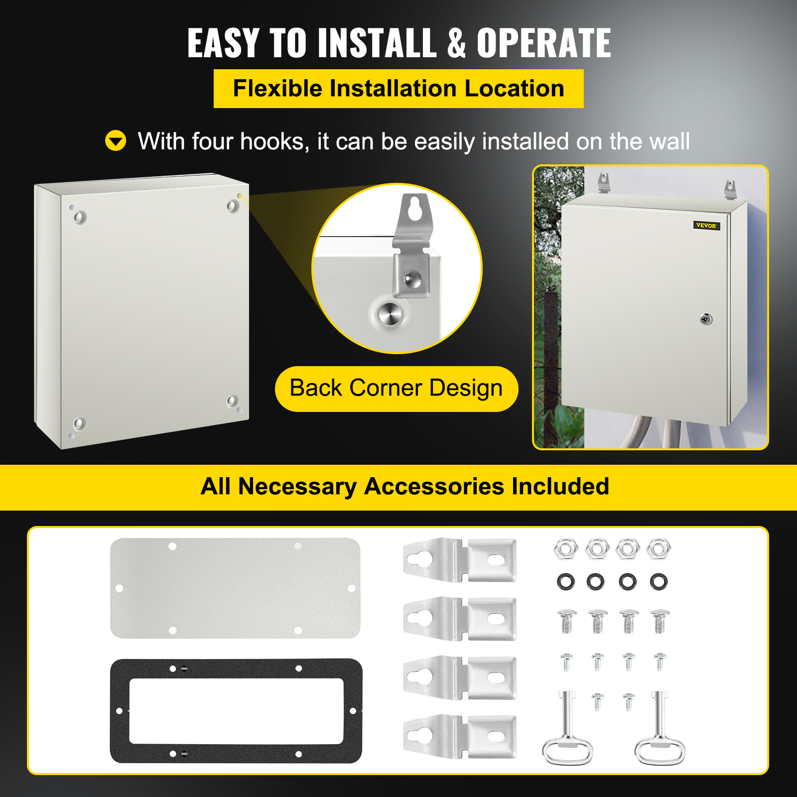 VEVOR NEMA Steel Case, 20x16x6'' NEMA 4X Metal Electric Enclosure, IP66 Water & Dust Resistant, Suitable for Both Outdoor/Indoor Use, Includes Mounting Plate