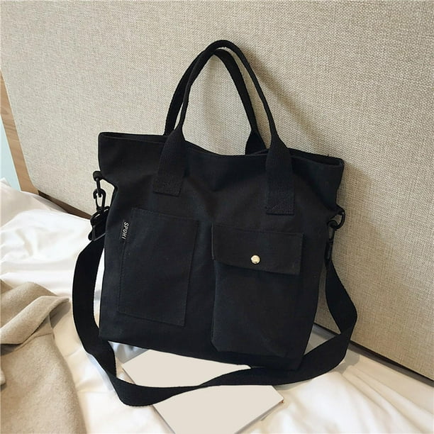 Bunblic Reusable Canvas Tote Bag Washable Lightweight With Pockets Large Size Durable Grocery Shopping Bag Shoulder Bag For Leisure Beach Office Black