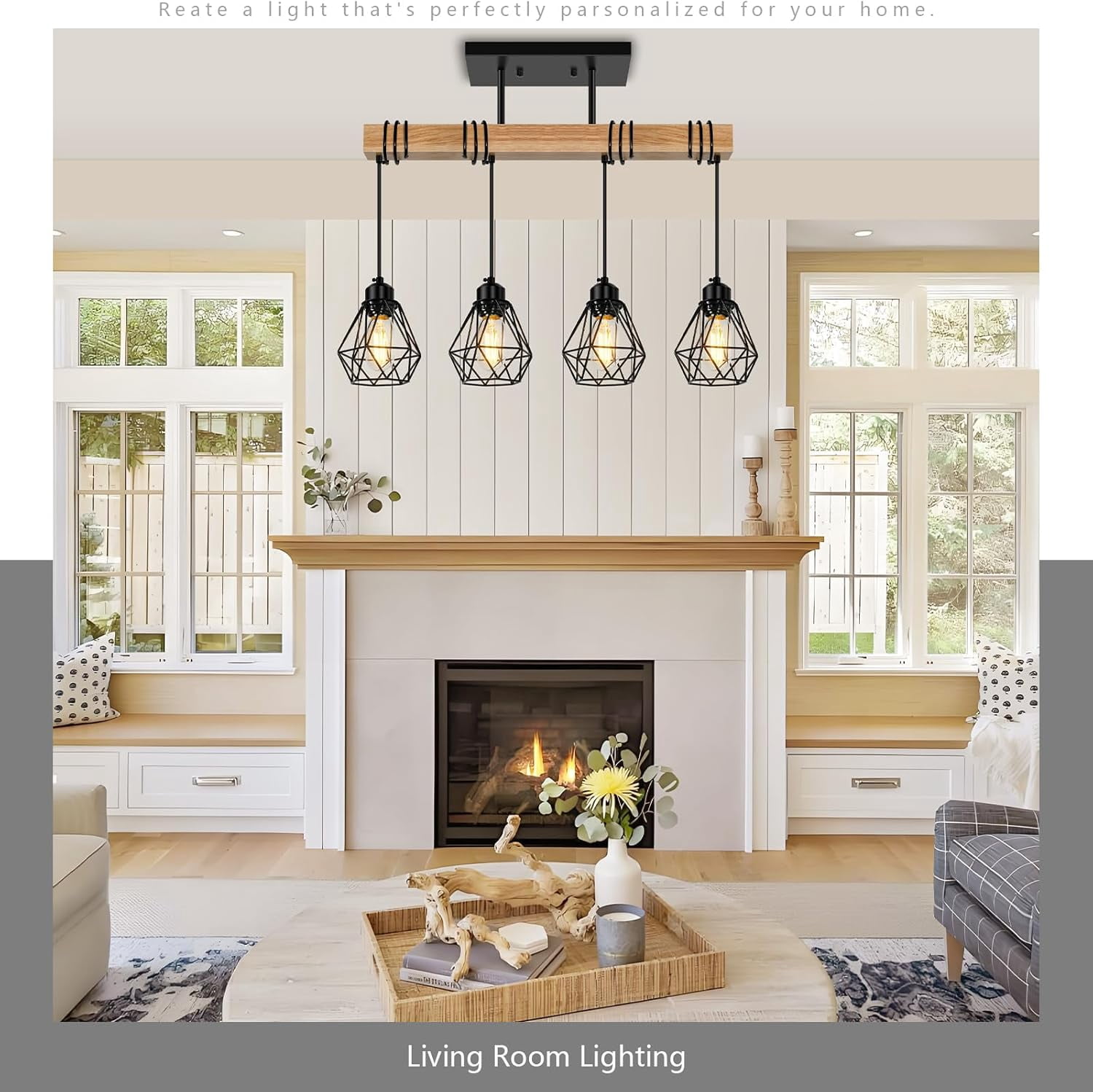 4-Lights Farmhouse Wood Kitchen Island Lighting Dining Room Light Fixtures Chandelier over Table Rustic Black Cage Pendant Lights Ceiling Hanging for Pool Table, Living Room, Hallway