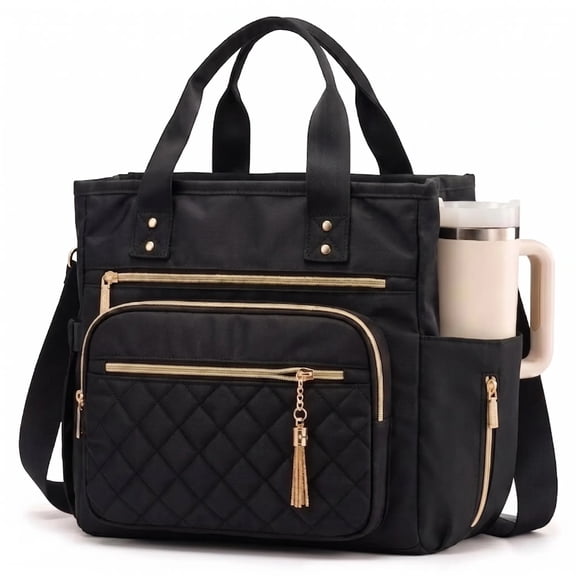Women's Insulated Large Lunch Bag - Wide Opening, Leakproof, with Cup Holder - Tote for Work, Picnic, Gift (Black)