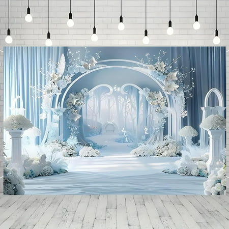 Blue Enchanted Forest Wedding Backdrop White Blue Floral Arch Bridal Shower Photography Background Blue Curtain Engagement Baby Shower Party Decorations Banner Supplies Photo Booth Props