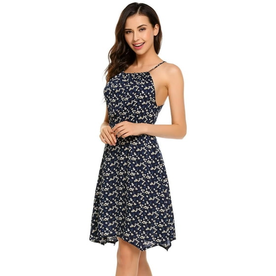 Halter Asymmetric Hem Printed Flared Casual Dress Halter Asymmetric Hem Printed Flared Casual Dress