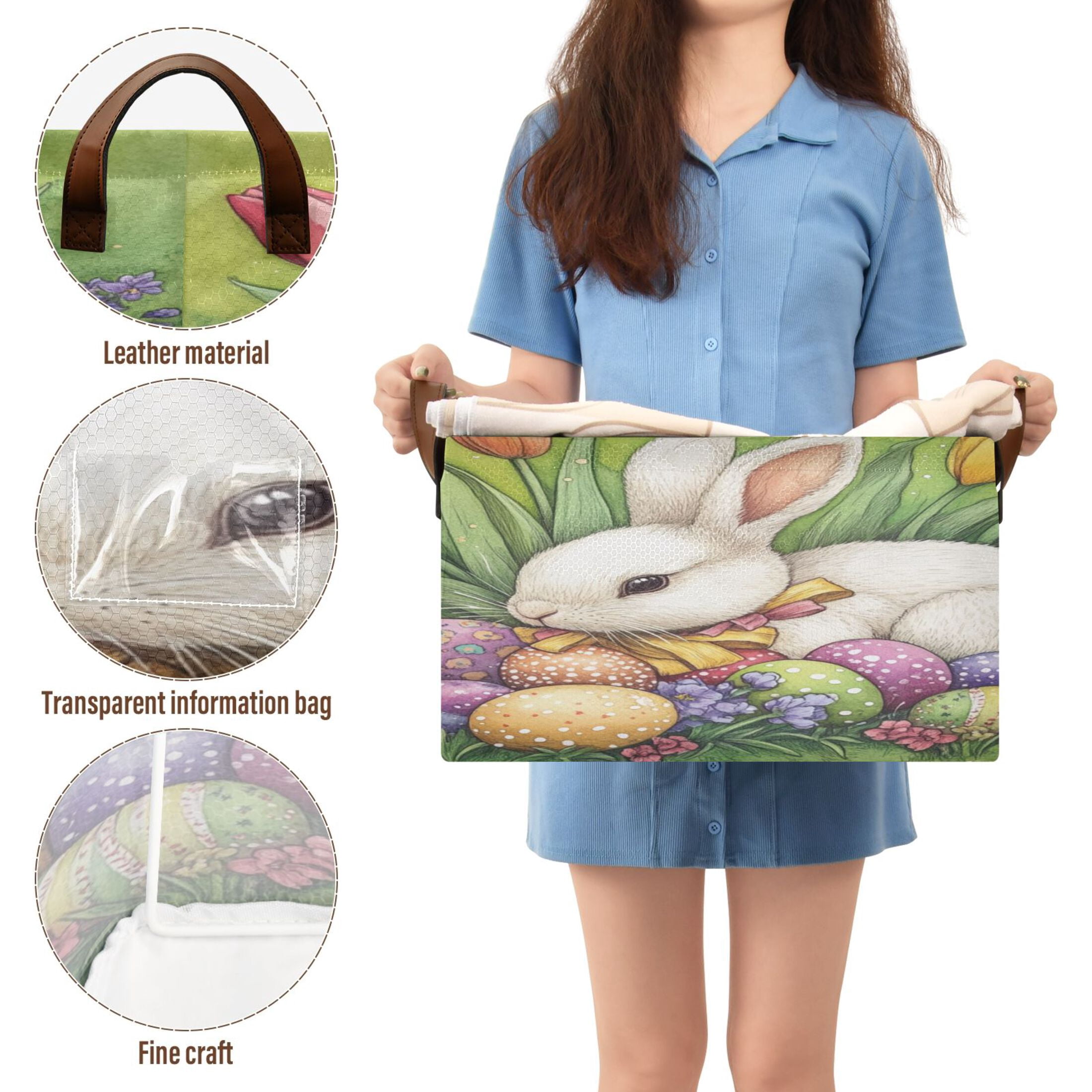 WOBOGO Easter White Bunny Storage Basket 16.9×11.4×10in Collapsible Oversized with Metal Iron Frame Set of 1