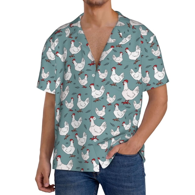 Balery Farm Birds Camisa Casual de Manga Corta con Botones para Hombre, Texturizada, Estilo Cubano, para Playa, Verano-Medium