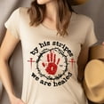 thumbnail image 4 of Isaiah 53:5 T-Shirt – By His Stripes We Are Healed Christian Tee with Crown of Thorns and Blood Handprint, Maroon, Size 2XL, 4 of 6