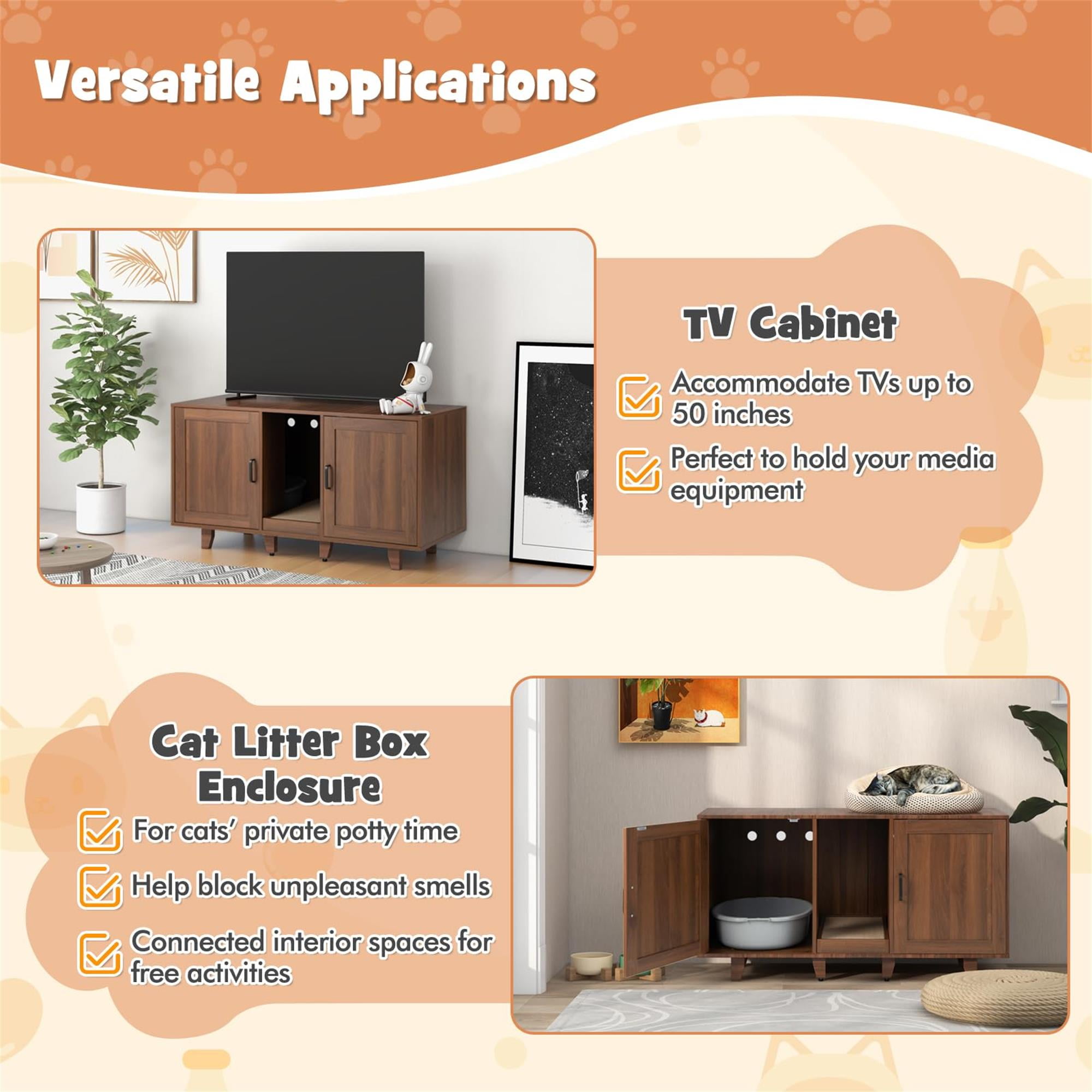 resenkos 47" Litter Box Enclosure for 2 Litter Boxes, Hidden Cat Washroom with 2 Cabinet House, Scratching Board, Indoor Cat Litter Furniture, Brown