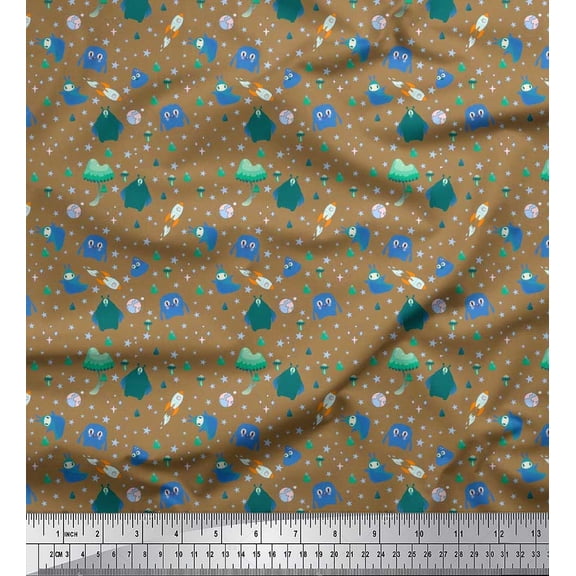 Soimoi Poly Georgette Fabric Star,Planet & Alien Cartoon Printed Fabric 1 Yard 42 Inch Wide