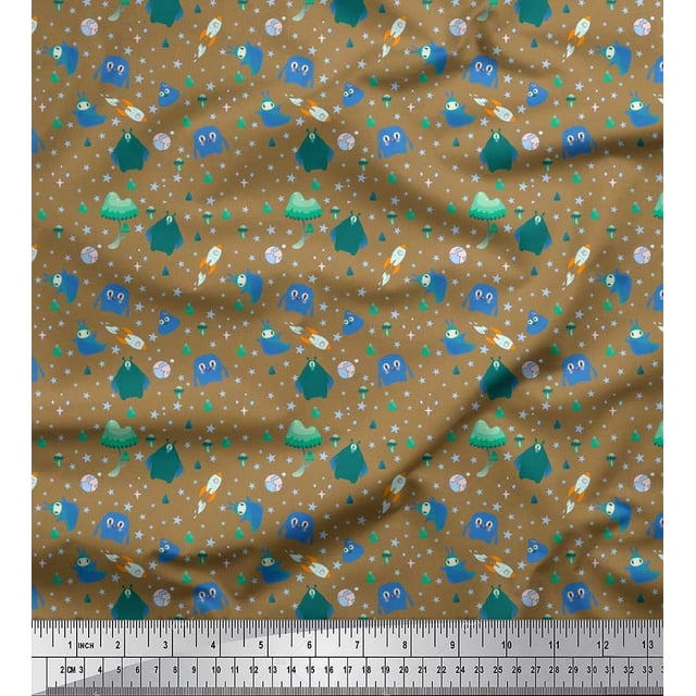 Soimoi Polyester Crepe Fabric Star,Planet & Alien Cartoon Print Fabric by Yard 52 Inch Wide