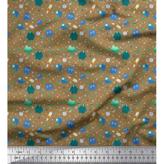 Soimoi Poly Georgette Fabric Star,Planet & Alien Cartoon Print Fabric by The Yard 52 Inch Wide