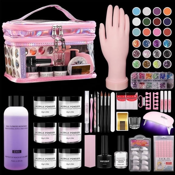 Complete Acrylic Nail Kit for Beginners - 6PCS Powder & Liquid Set with UV Lamp Practice Hand for Perfecting Techniques | Professional Manicure Starter Set in Pink Organizer Bag for Home Salon