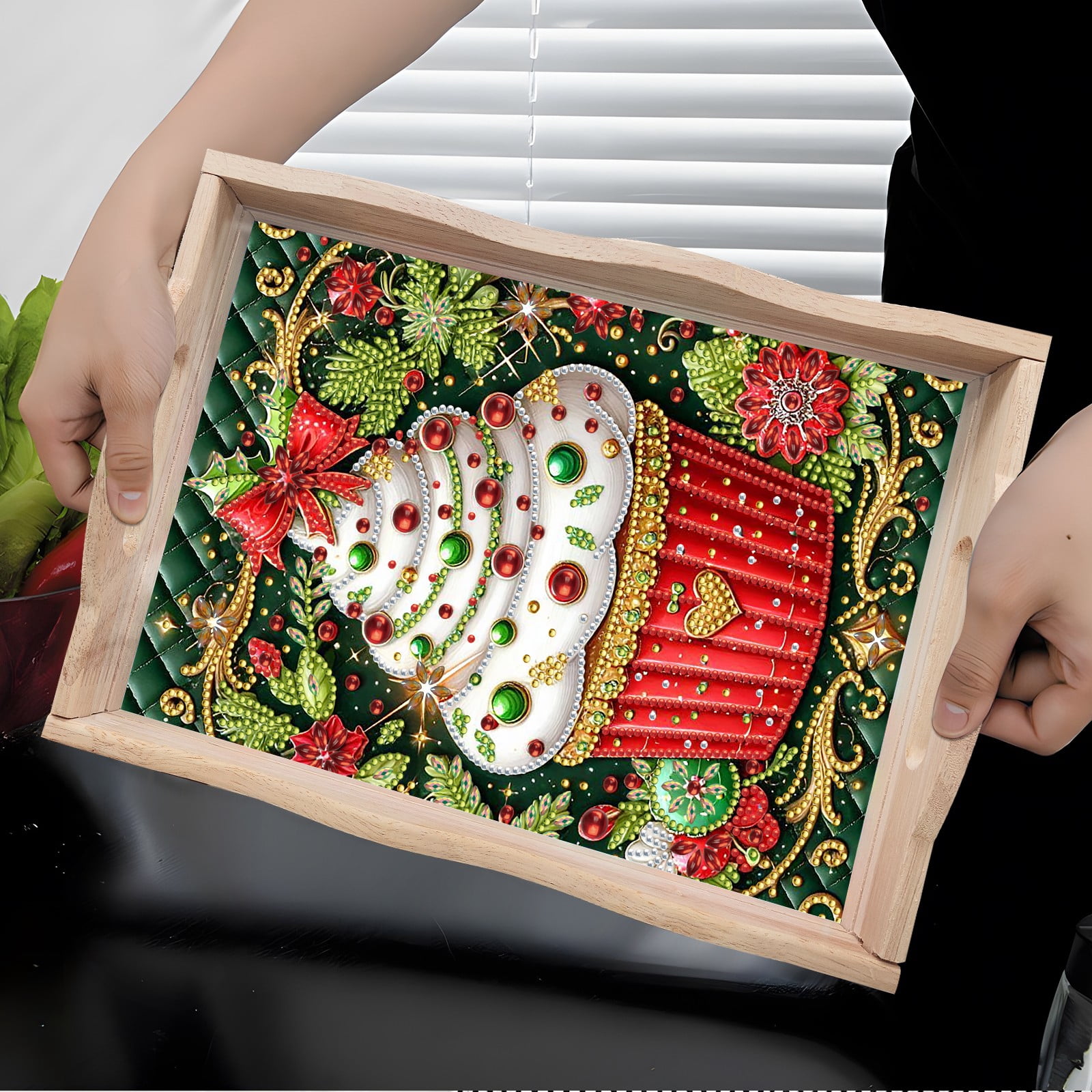 FLOPESN DIY Diamond Art Painting Handmade Wooden Tray,Creative Design Serving Dinner Plate for Coffee Living Room Home Organizer-Christmas Cupcakes