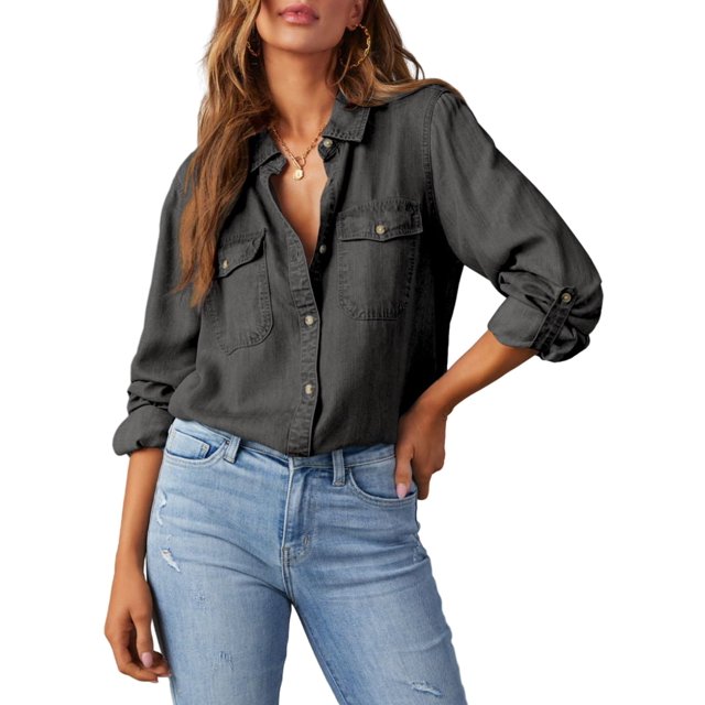 Camisa elegante de mezclilla con botones para mujer, manga larga, cuello en V