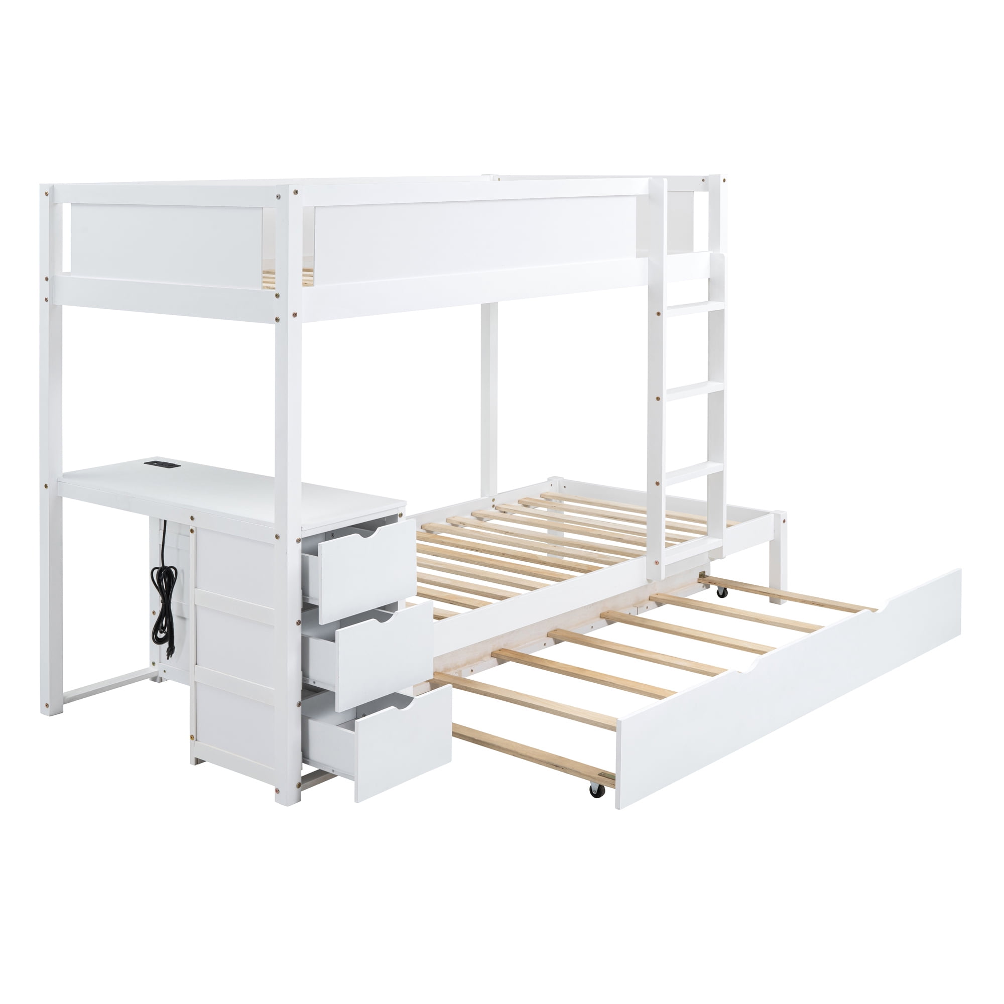 Twin over Twin Bunk Bed with Twin Size Trundle, 3 Storage Drawers and Desk, Solid Wood Kids Bunk Bed Frame with Ladder for Kids Teens Adults