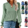 thumbnail image 4 of Blusa con volantes, manga abullonada, cuello en V, manga larga, color puro, tops de moda para mujer, 4 of 6