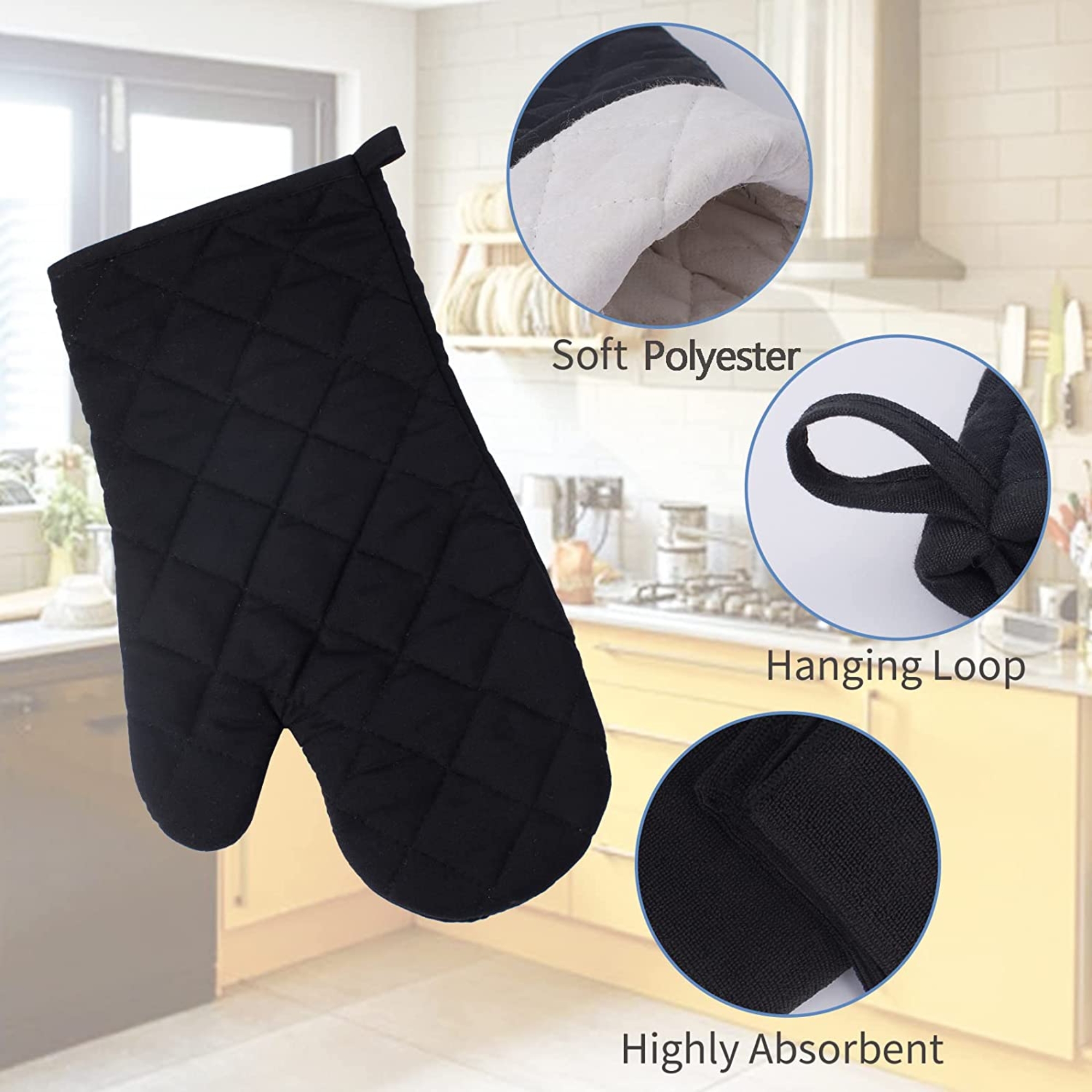 Kitchen Linen Towel Set 7pcs Home Collection with Quilted Pot Holders Oven Mitts Dish Towel Drying Mat & Microfiber Scrubber for Safe Baking Cooking Grilling Kitchen Accessories and Supplies (Black)