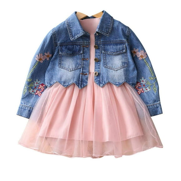 Spring Autumn Little Girls Clothing Set Child Kids Denim Jacket and Long Sleeve Dress 2 Pieces Set (5T, Pink)