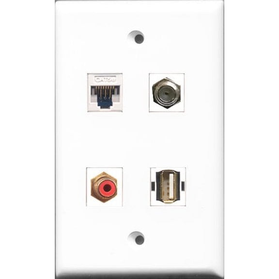 RiteAV - 1 Port RCA Red and 1 Port Coax Cable TV- F-Type and 1 Port USB A-A and 1 Port Cat5e Ethernet White Wall Plate